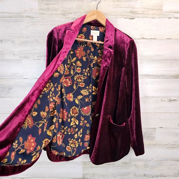 Chico’s Velvet Blazer Size M Wine Plum Burgundy Floral Lining Holiday Party - Picture 8 of 16